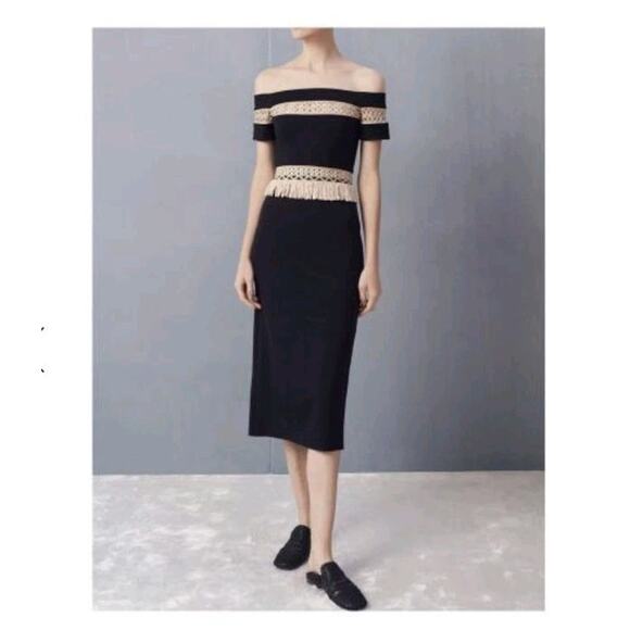 Alexis Bailey NWT Black Crochet trim Midi Dress Off Shoulder Fringe, Size Medium - Picture 1 of 13